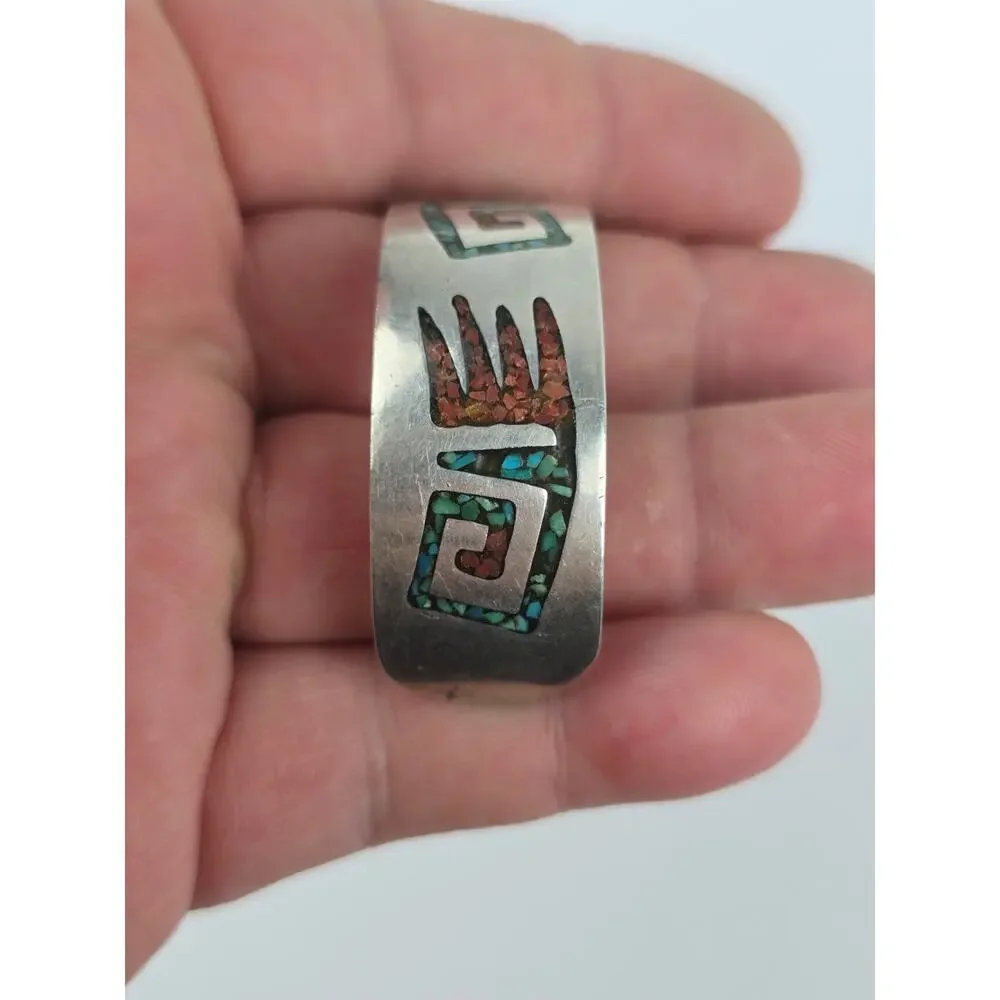 Navajo Sterling Silver Crushed Chip Turquoise & Coral Flush Cuff Bracelet 7.5